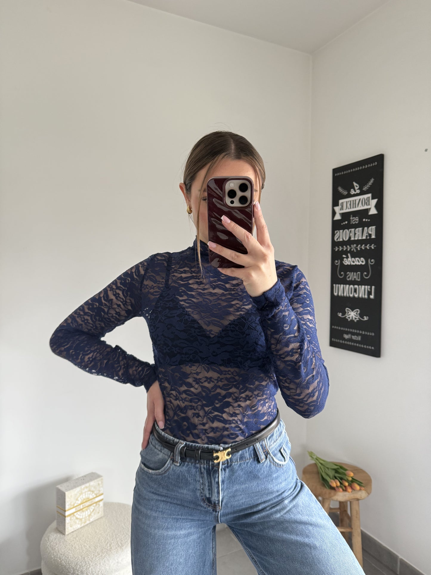 Top en dentelle marine VALENTINE